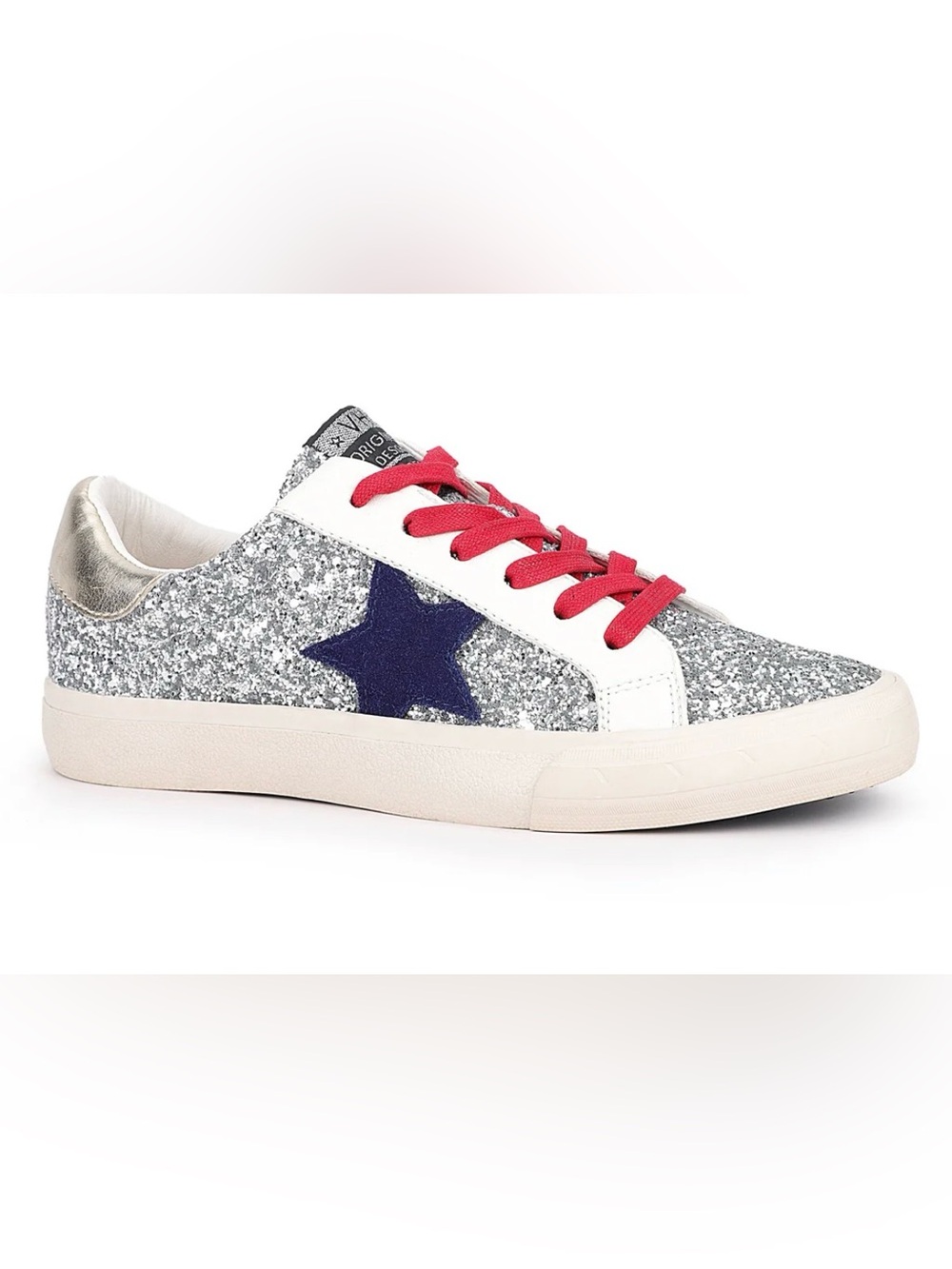 Vintage Havana Gratify Silver Glitter Sneaker with Navy Star and Red Laces